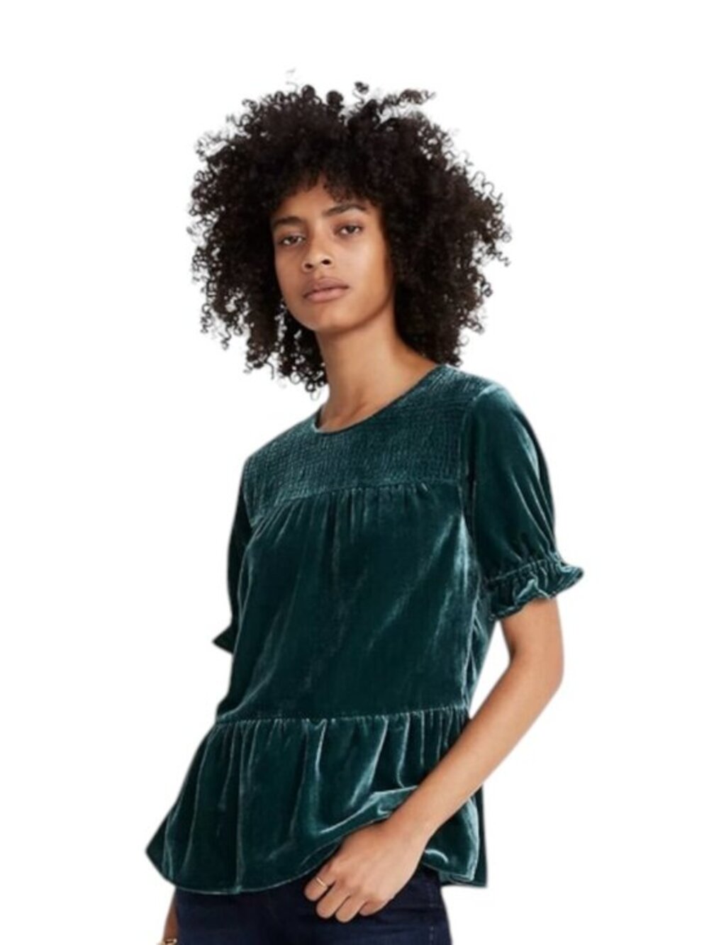 Madewell Velvet Green Smocked Yoke Tiered Short Sleeve Top Women's Size Medium